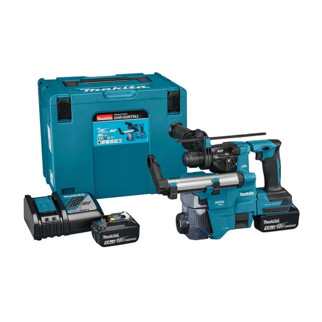 DHR183RTWJ Zestaw 2 aku 5,0Ah+ ładowarka+walizka makpac+System odsysania