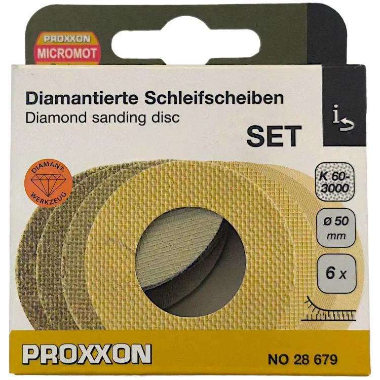 Zestaw 7 diamentowych tarcz ściernych i polerskich, średnica 50 mm, ziarnistość 60 - 3000, podkładka piankowa Proxxon