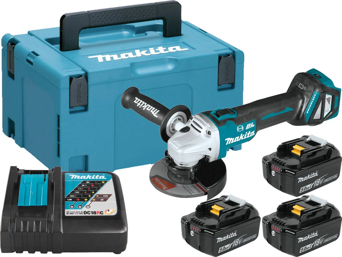 Makita Zestaw szlifierka DGA513+3 aku 5,0Ah+ładowarka+walizka Makpac
